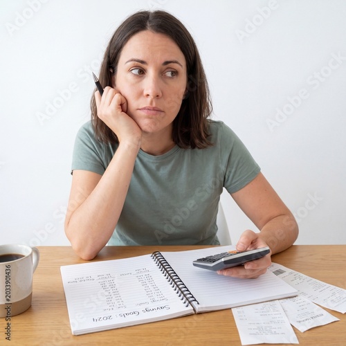 Businesswoman while working at the office desk with a calculator, notebook, and documents