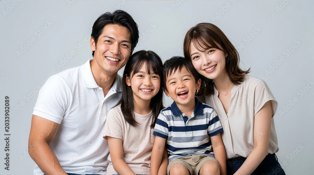 Fototapeta premium 夏服を着た若い家族が笑顔で仲良く座っている
