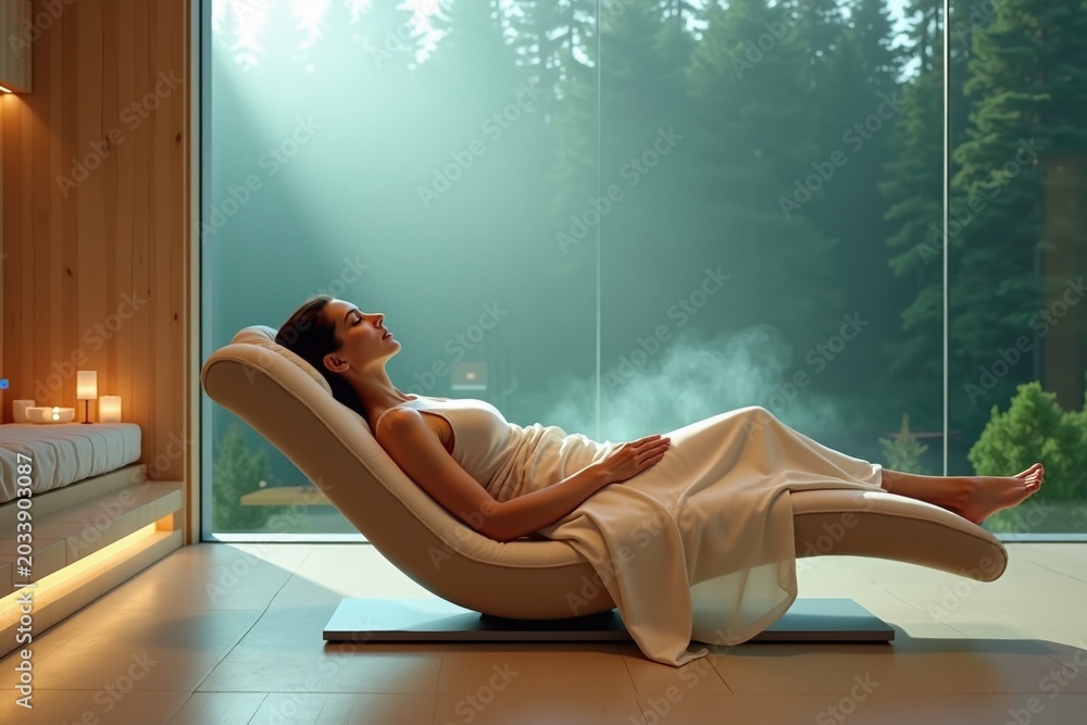 Naklejka premium Elegant woman relaxing on a modern lounge chair in a luxury spa