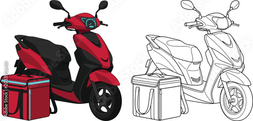 Tableau sur toile Red delivery scooter with insulated thermal bag flat vector illustration for foo