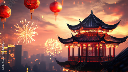 Chinese Style Festival Night Scene Ancient Pavilion, Lanterns and Fireworks in Harmony