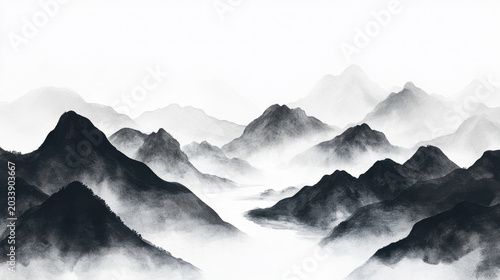 Chinese Ink Wash Landscape Layered Mountains and Misty Clouds