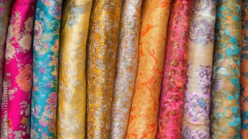 Display of Vibrant Silk Fabrics Traditional Patterns and Luxurious Texture