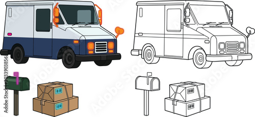 Εκτύπωση καμβά Mail truck and postal service elements including packages and mailbox presented