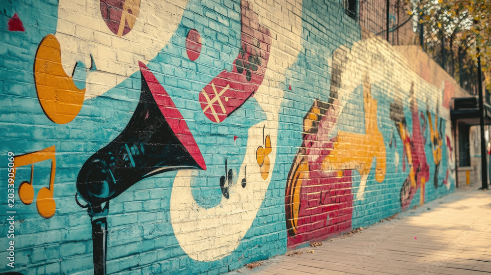Obraz premium Street Art Graffiti Music-themed Mural on Brick Wall