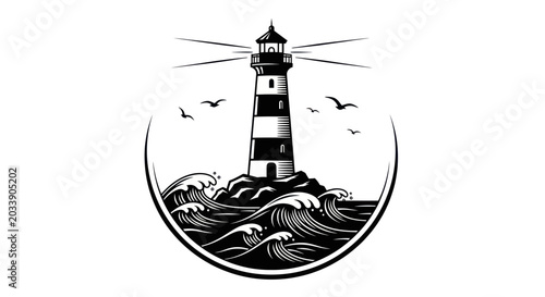 Foto Lighthouse guiding ships on stormy sea, nautical navigation beacon, vector illus