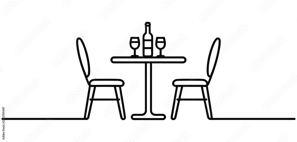 Fototapeta premium Table for two with wine glasses and bottle line art restaurant romantic