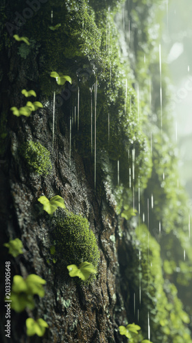 Close-up of Moss-Covered Tree Trunk in Rain