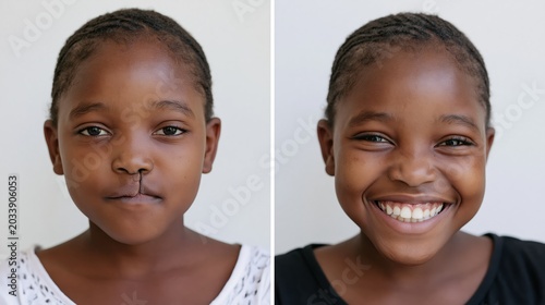 Split frame before and after cleft lip repair showing unrepaired and surgically healed lip.