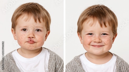 Split frame before and after cleft lip repair showing unrepaired and surgically healed lip.