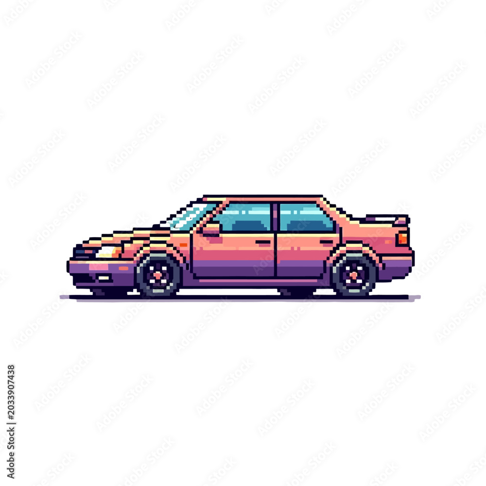 Fototapeta premium Retro pixel art illustration of a classic pink and purple sedan from 1980s in vibrant colors with detailed shading and vintage