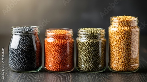 Jars of colorful lentils and legumes on table.