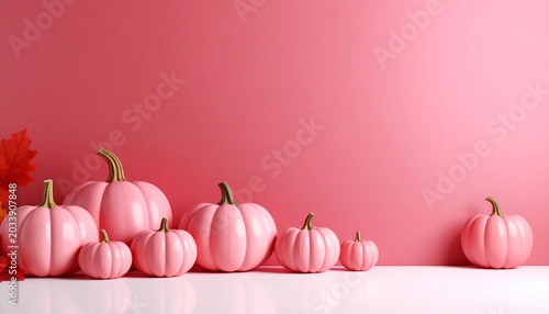 a festive autumn scene featuring a collection of artificial pumpkins in hues of orange and pink against a warm pink background with a touch of red, likely representing leaves