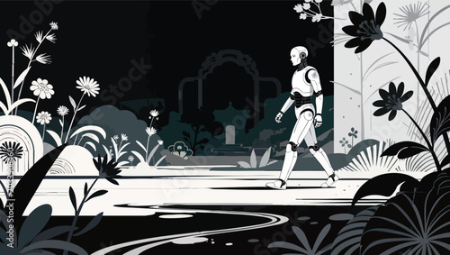 Monochrome of a white humanoid robot walking through a stylized garden with dark foliage and floral elements.