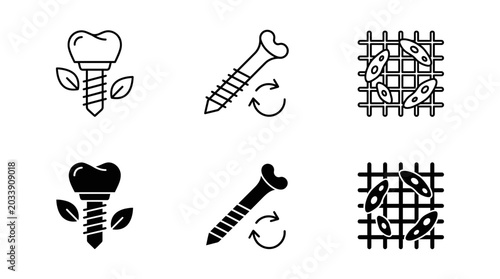 Dental implant and medical hardware outline and glyph icon set with regeneration orthodontics dentistry