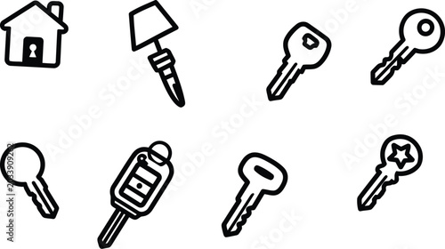 Collection of house and various keys outline icons vector