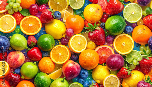 an array of colorful fruits including strawberries, apples, oranges, and berries such as blueberries, arranged in a visually appealing manner, creating a vibrant and healthy display.