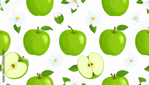 a repetitive pattern of apples with green skin and yellow centers, interspersed with white flowers. the background is plain, providing no additional context.