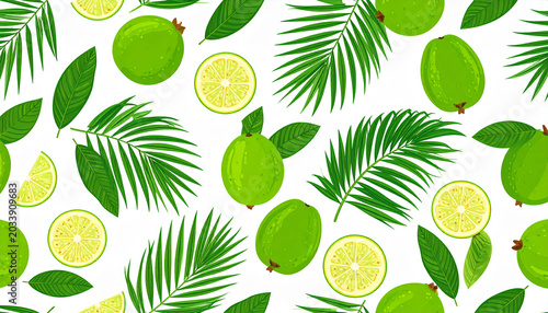 a repeating pattern of tropical fruits and leaves. the fruits include limes and possibly lemons or other citrus, while the leaves resemble those of palm trees