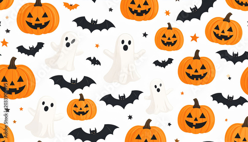 a halloween themed design features an array of bats, ghosts, and pumpkins against a patterned background.