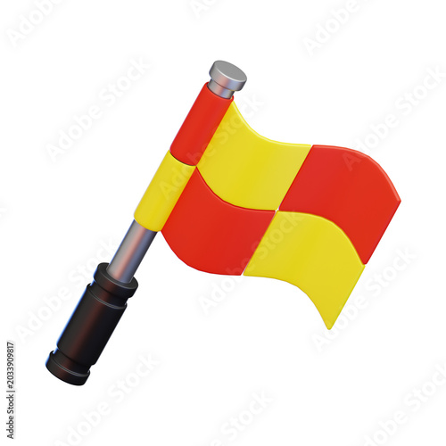 Obraz na płótnie Minimal 3D render of a red and yellow assistant referee flag with black handle, isolated on a light gray background