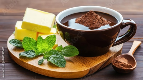 Freshly prepared hot chocolate with butter and mint.