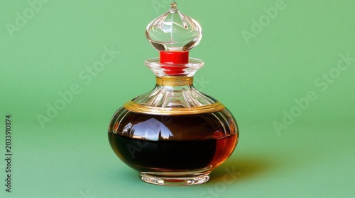 Ornate glass bottle with dark liquid against a solid green background.