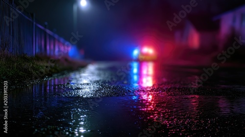 Wet street reflects flashing red and blue lights of a distant vehicle