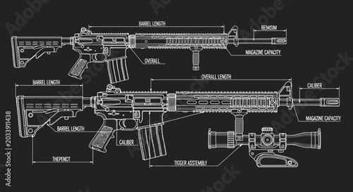 Foto Tactical Assault Rifle Blueprint Technical Drawing Vector Illustration