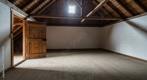 Empty square room with attic with wooden door and lumber roof