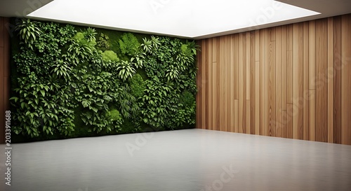 Empty square room with Vertical garden and wooden wall with modern concrete floor, cement floor with wood wall in inner courtyard