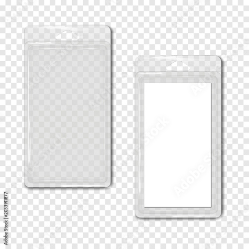 Obraz na plátne Empty rectangle clear plastic blister box with blank white label sticker and hanging slot