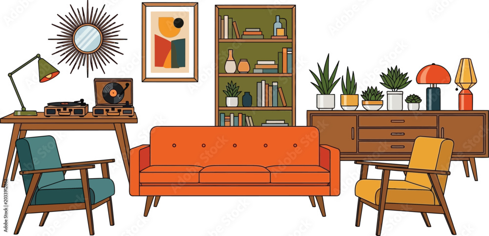 Obraz premium Mid-century modern living room furniture collection featuring orange sofa armchairs bookshelf and record player vector illustration for home decor