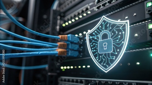 Digital shield with lock icon symbolizes cybersecurity over network server, emphasizing data protection