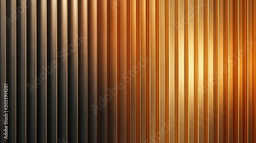 Abstract golden and dark bronze vertical ribbed metal texture background.