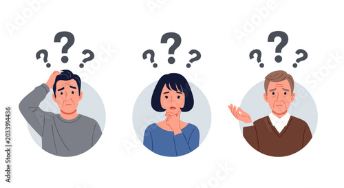 Foto Uncertainty and Confusion Three People with Question Marks Above Their Heads Exp