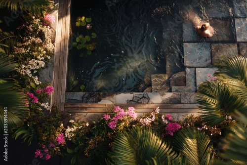 Woman relaxing in a tropical stone pool surrounded by blooming flowers. Aerial view of a luxury spa retreat. Wellness getaway and vacation concept for relaxation and summer holiday.