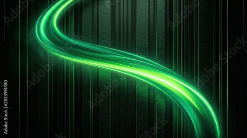Abstract green glowing light trail on dark vertical striped background.