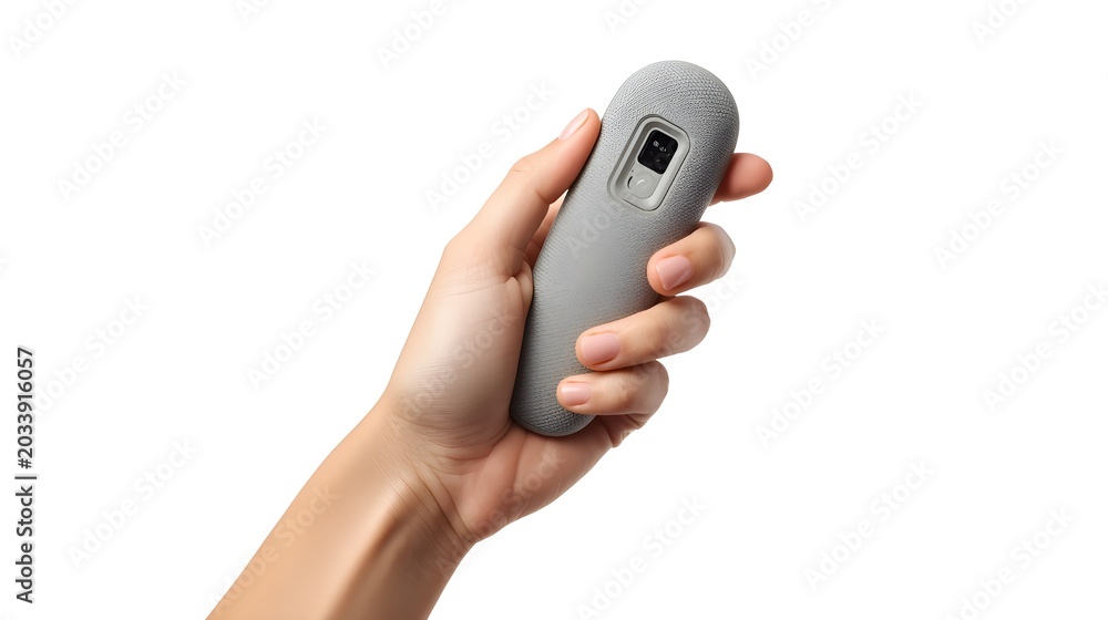 Fototapeta premium Close-up of a Person Holding Grey Ergonomic Handheld Anxiety Relief Device with Soft-Touch Texture Isolated on White Background