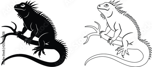 Foto Black silhouette and outline iguana perched on branch lizard reptile animal wild