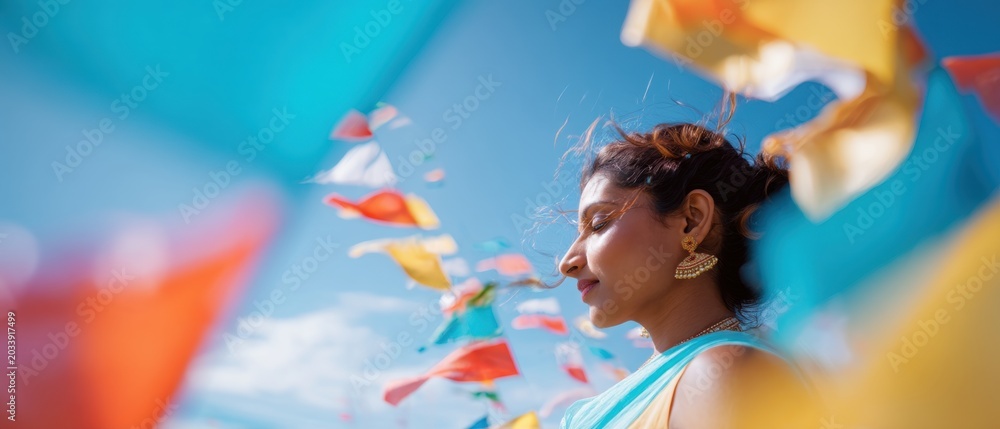 Obraz premium Woman standing under colorful prayer flags outdoors. Asian girl enjoying breeze with peace and serenity. Concept of meditation, spirituality, and travel. Outdoor lifestyle portrait.