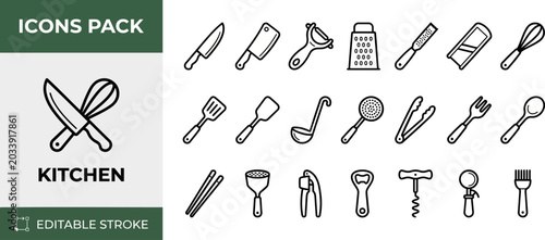 Foto Kitchen Utensil and Cutlery outline icon set