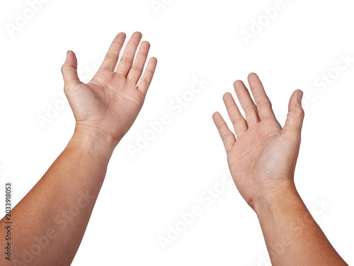 Male asian hand gestures isolated over the white background.  First person view.