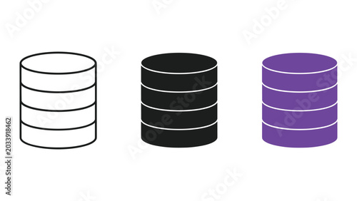 Foto Set of three database cylinder icons in line art solid black and flat color styl