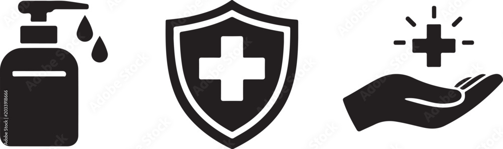 Fototapeta premium Icon pack featuring sanitizer bottle and healthcare shield for hygiene protection vector eps file.