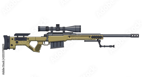 Photography Sniper rifle with scope attached.