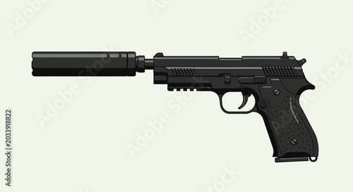 Tableau sur toile Black pistol with silencer attached side.