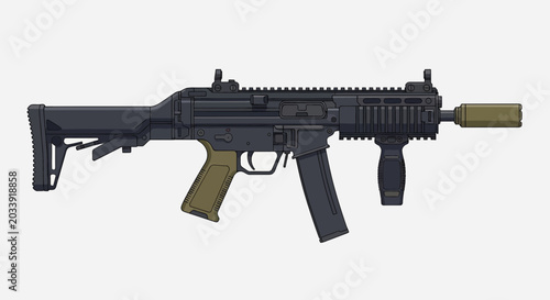 Valokuva Black tactical rifle with silencer attached.