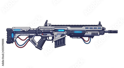 Photography Futuristic assault rifle with blue accents.