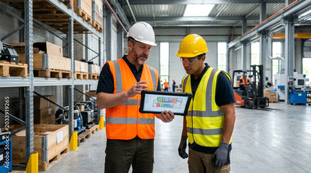 Naklejka premium Two male workers in safety vests and hard hats review project plans on a tablet in a warehouse setting.